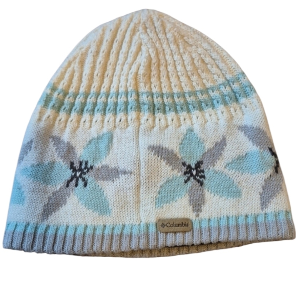 OS Columbia Womens Winter Knit Teal Cream Beanie Hat